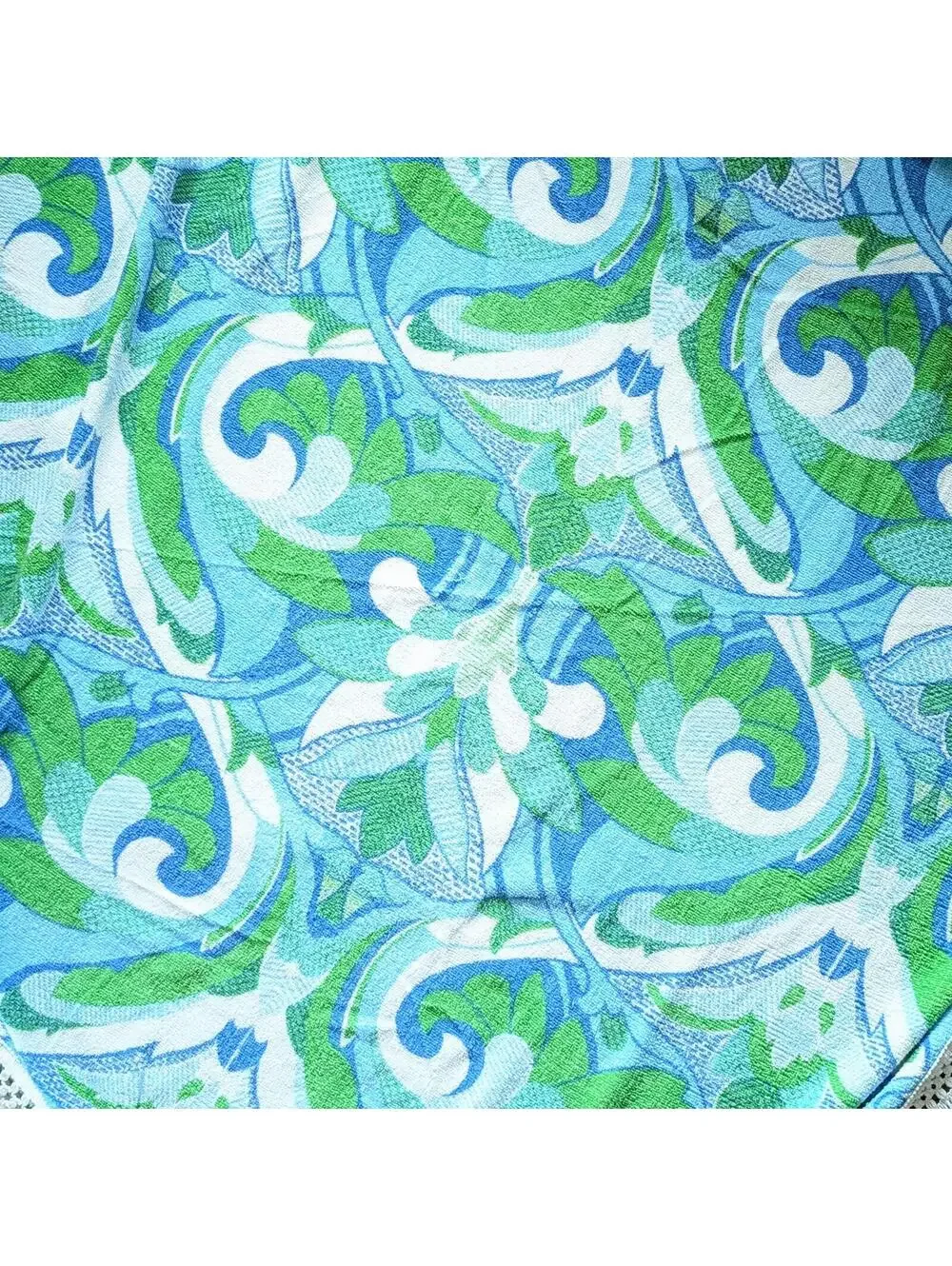 Vintage Round Terry Cloth Tablecloth with Groovy Print and Fringed Edge